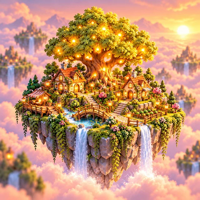Concept illustration of a floating town with a golden tree, warm cottages, and waterfalls